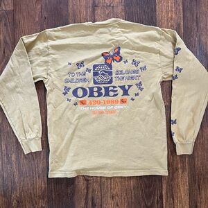 Men's Obey T-Shirt Yellow Spell-Out S Crew Streetwear Long Sleeve Y2K Butterfly